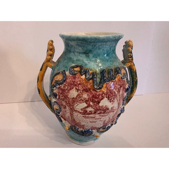 Vintage Handcrafted Ceramic Vase With Dragon Handles & Textured Design Italy - Picture 5 of 9